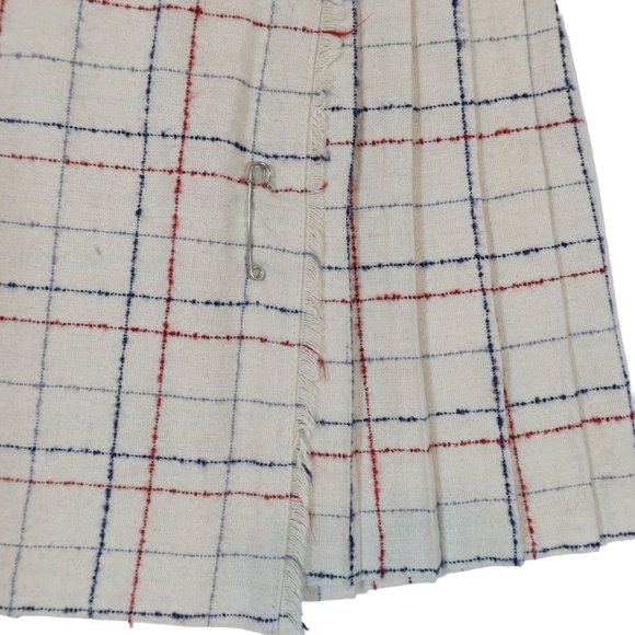Vintage JANE DUNCAN Plaid Pleated Wrap Skirt Size 0 Cream Red Blue Academia - Picture 3 of 6